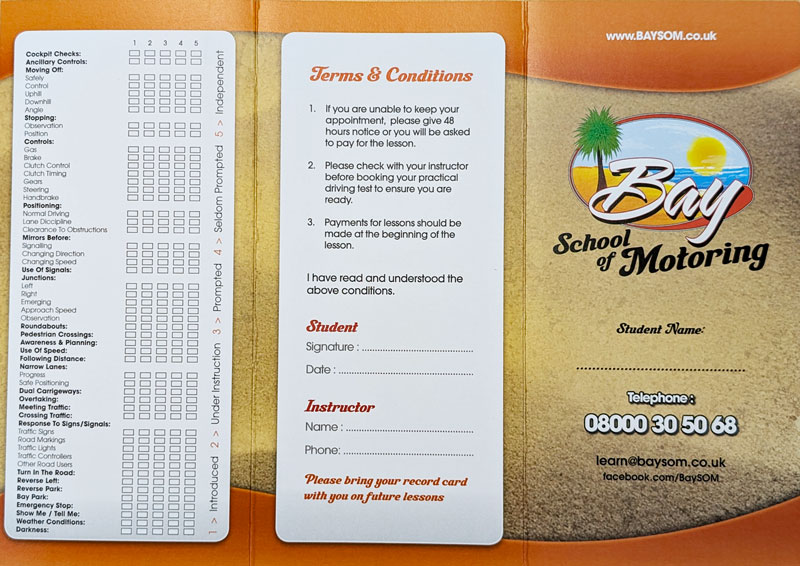 Bay School of Motoring - progression card - outside