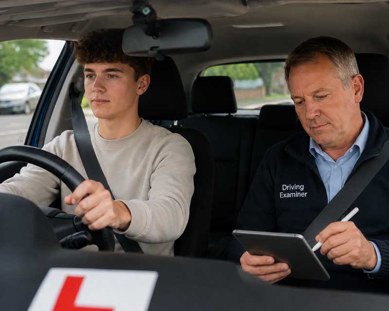 View through the front windscreen of a car showing a young man and a driving instructor in the front seats, during a driving test, marking with tablet